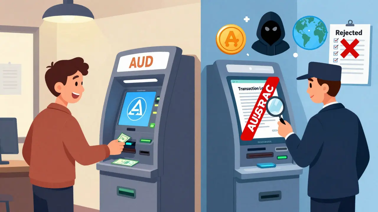 Distributeur crypto fermé par AUSTRAC, avec des documents et risques visibles.