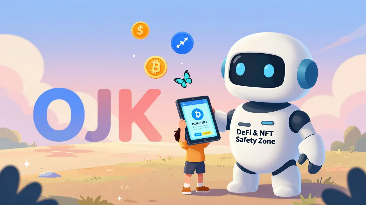 Enfant et robot sécurisant l'avenir des crypto et DeFi en Indonésie sous la supervision de l'OJK, dans un style onirique et optimiste.