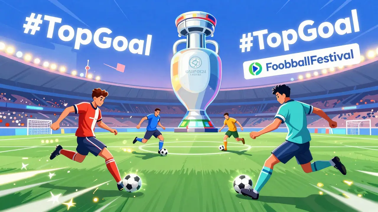 Joueurs NFT sur un terrain de football, un trophée Euro 2024 flotte au-dessus d'eux.