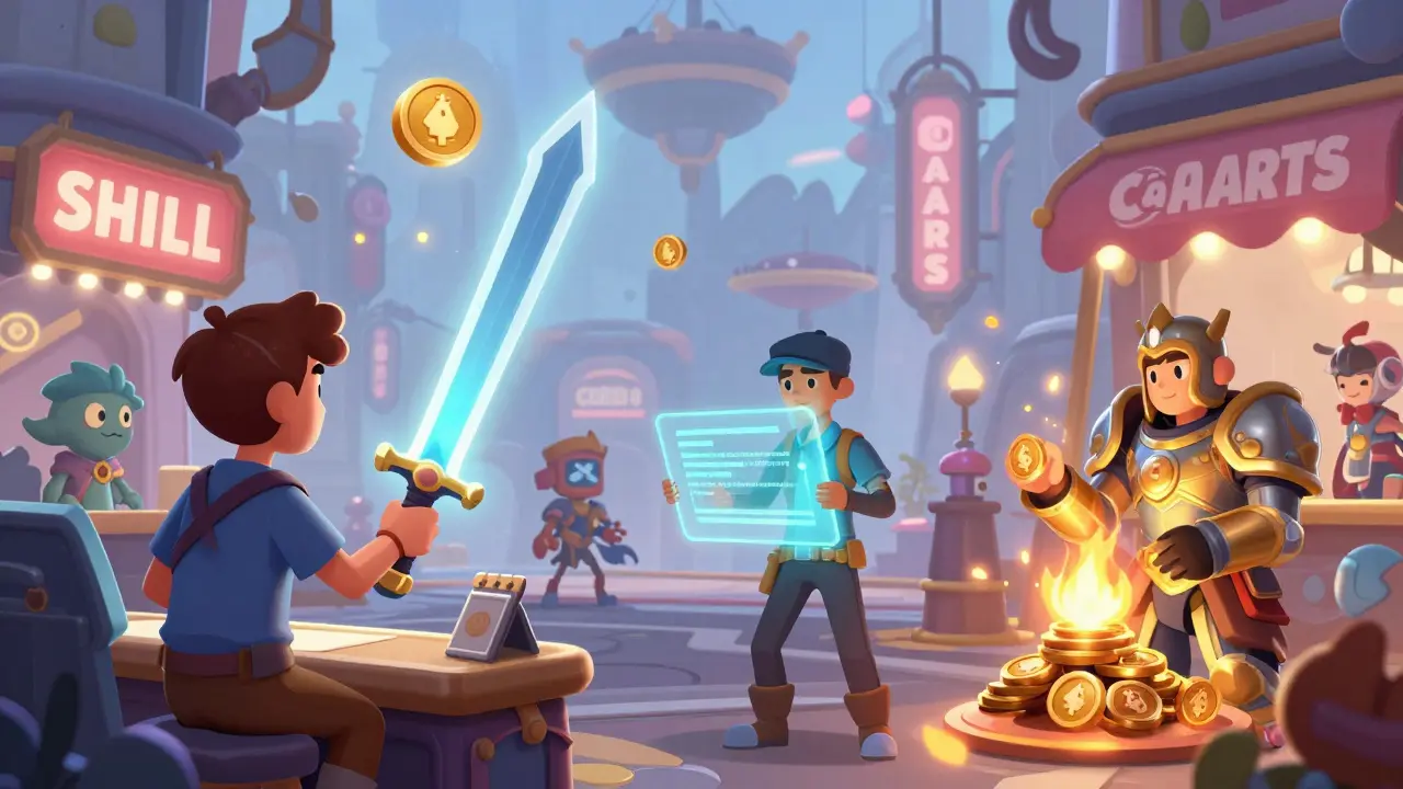 Marché dans un jeu où les joueurs échangent, louent et créent des objets avec des jetons SHILL.