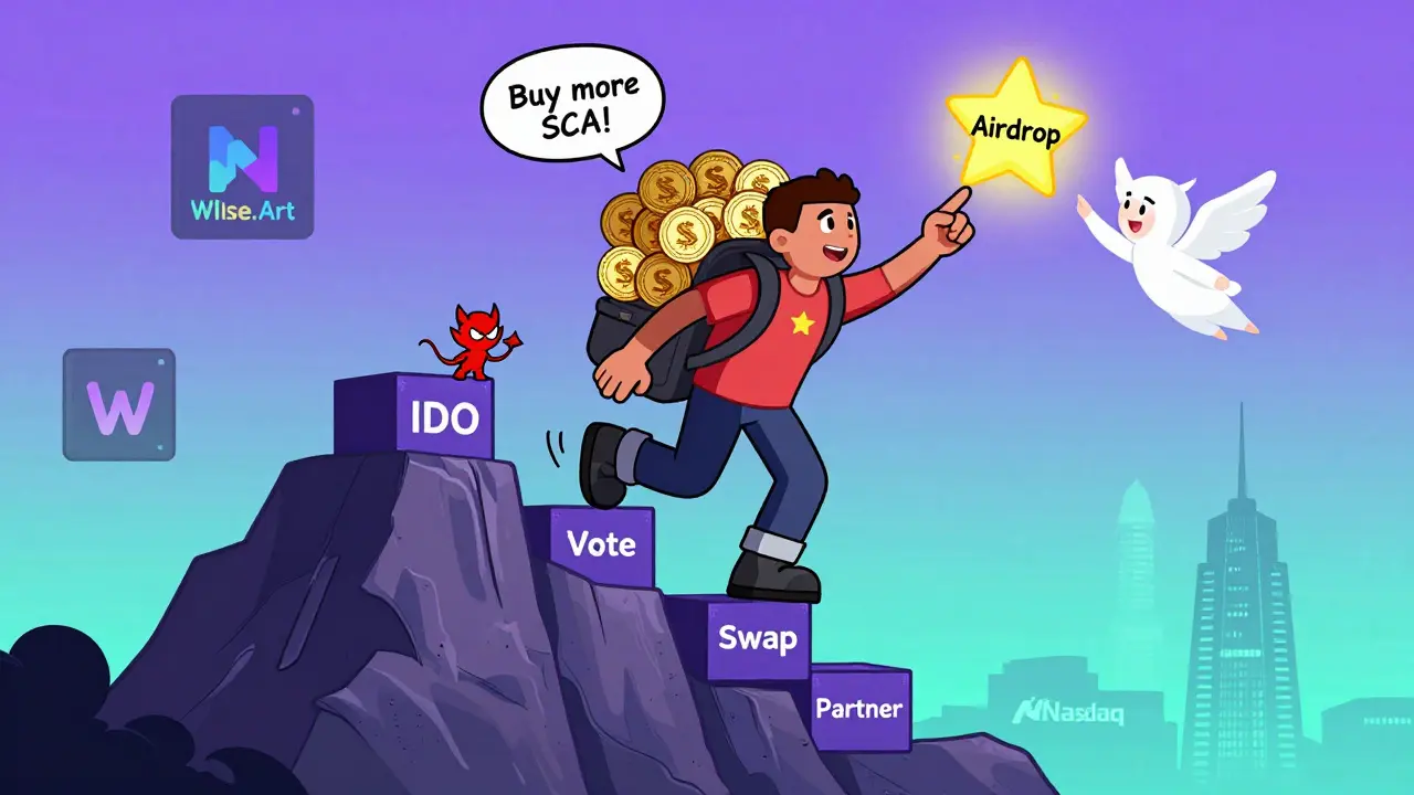 Personnage gravissant une montagne blockchain en portant des tokens SCA, entouré de conseils opposés.