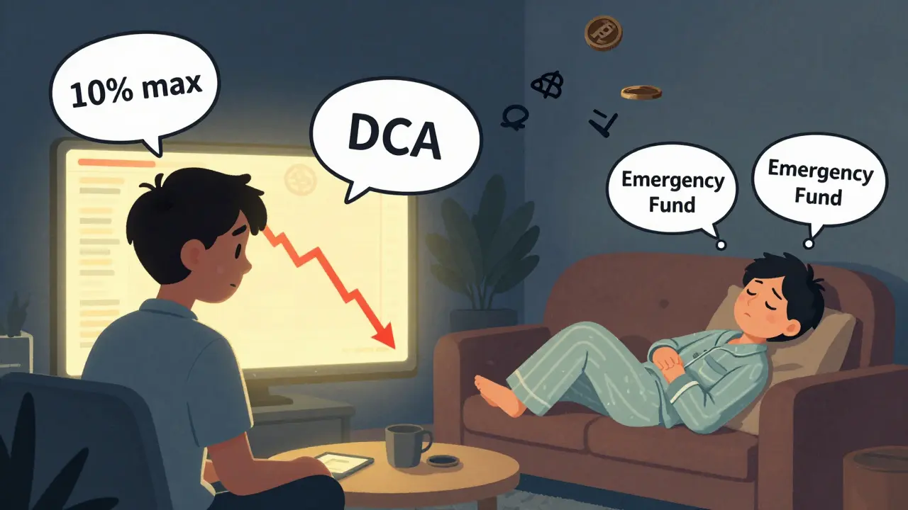 Personne stressée face à un tableau crypto, tandis qu'une version calme dort paisiblement.