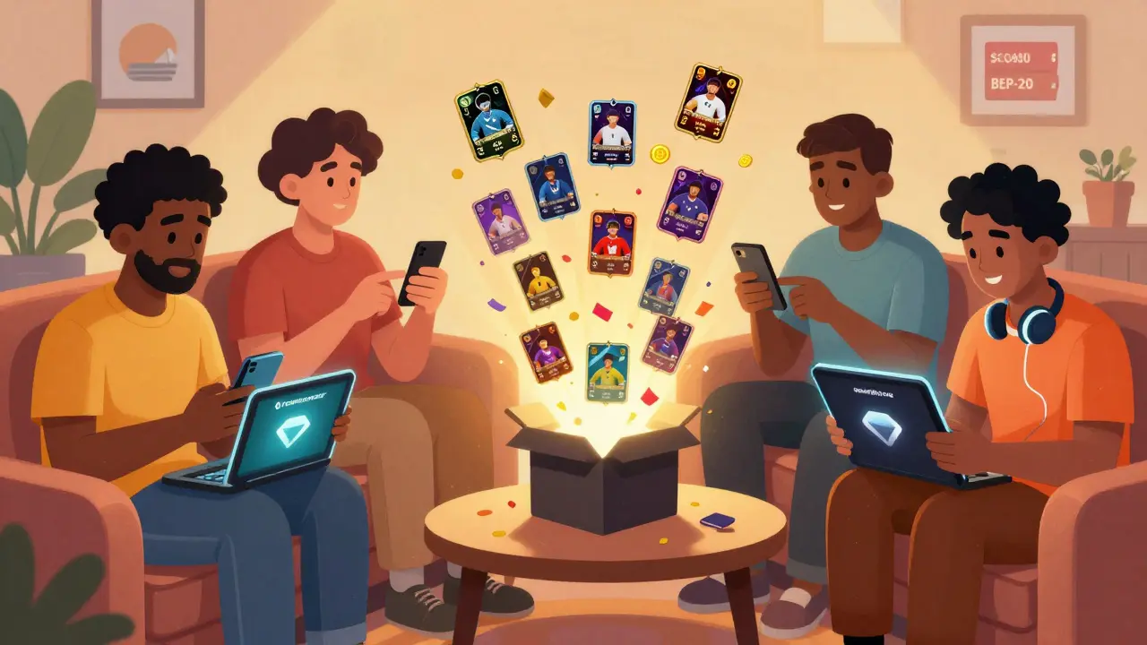 Personnes jouant à Footballcraft sur leurs appareils, des boîtes mystères s'ouvrent en confettis.