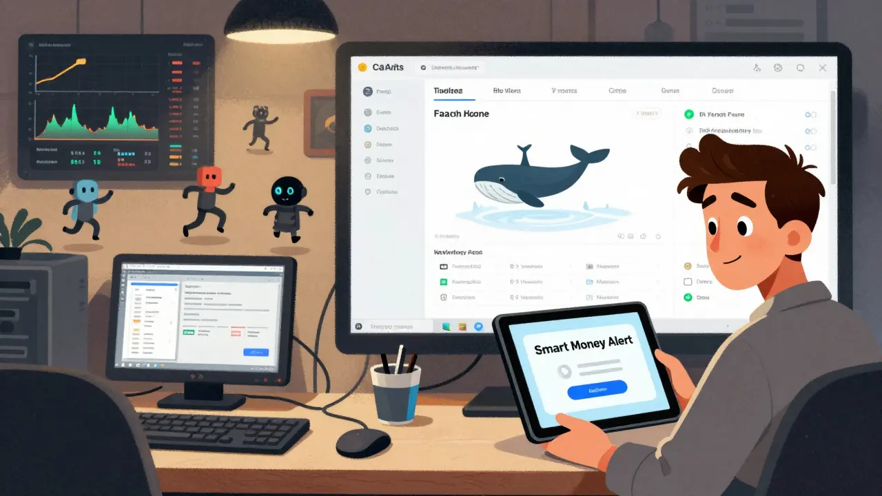 Scène comparant les données fausses des échanges et les véritables mouvements on-chain en style cartoon.