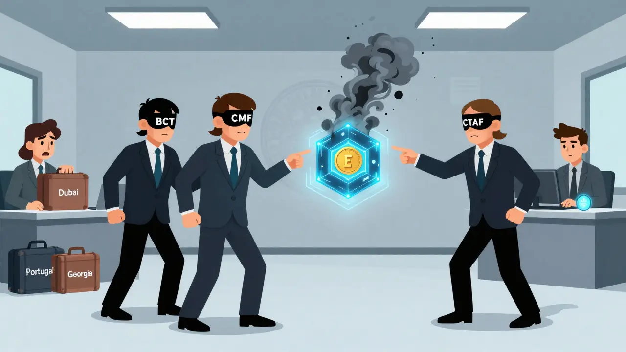 Trois agents gouvernementaux détruisent une chaîne de blocs tandis que des développeurs partent en suitcase vers l&#039;étranger.