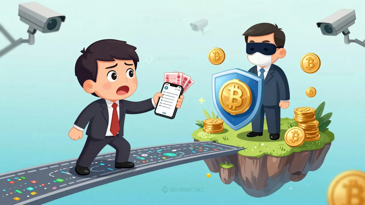 Un entrepreneur transfère des yuans à un courtier à Hong Kong via un pont de données chiffrées, entouré de logos d'échanges.