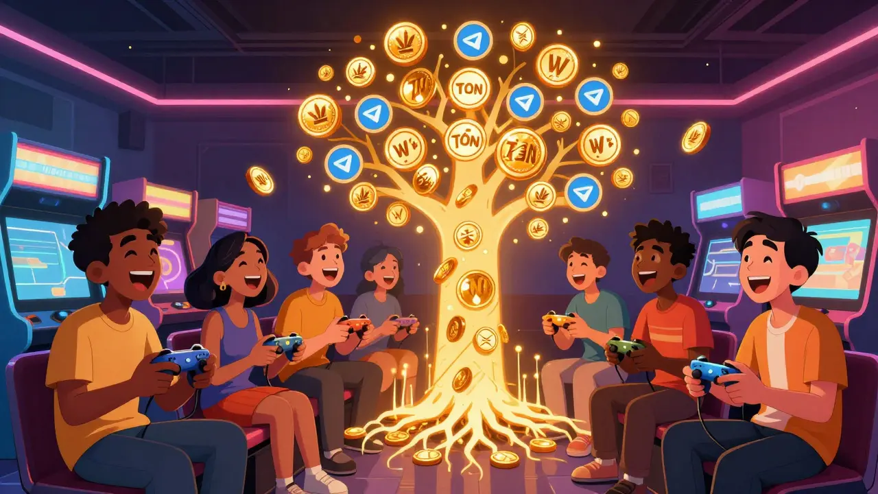 Un groupe de joueurs dans une arcade lumineuse, des jetons WAT s'élèvent vers un arbre blockchain.