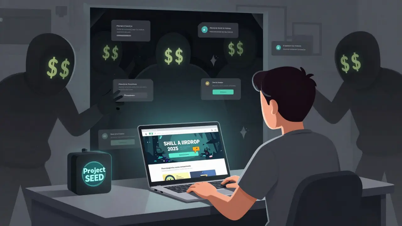Un joueur confronté à un faux airdrop SHILL, avec des escrocs sombres derrière lui.