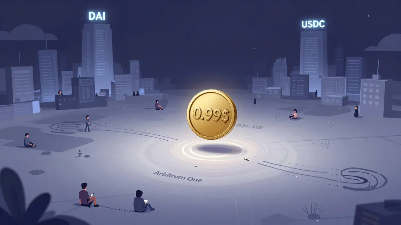 Un petit jeton USDS seul sur une carte blockchain vide, entouré de traces de transactions abandonnées.