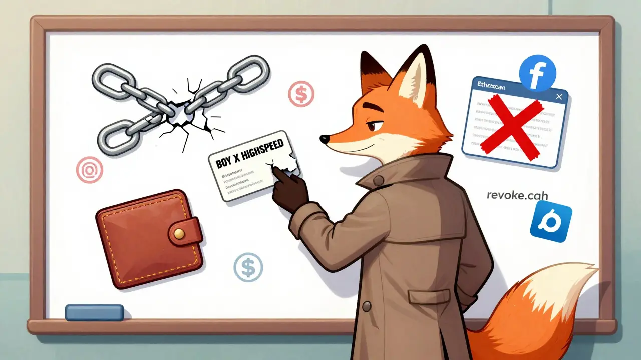 Un renard détective examine des indices d'arnaque crypto sur un tableau, avec des icônes de sécurité et de vérification.