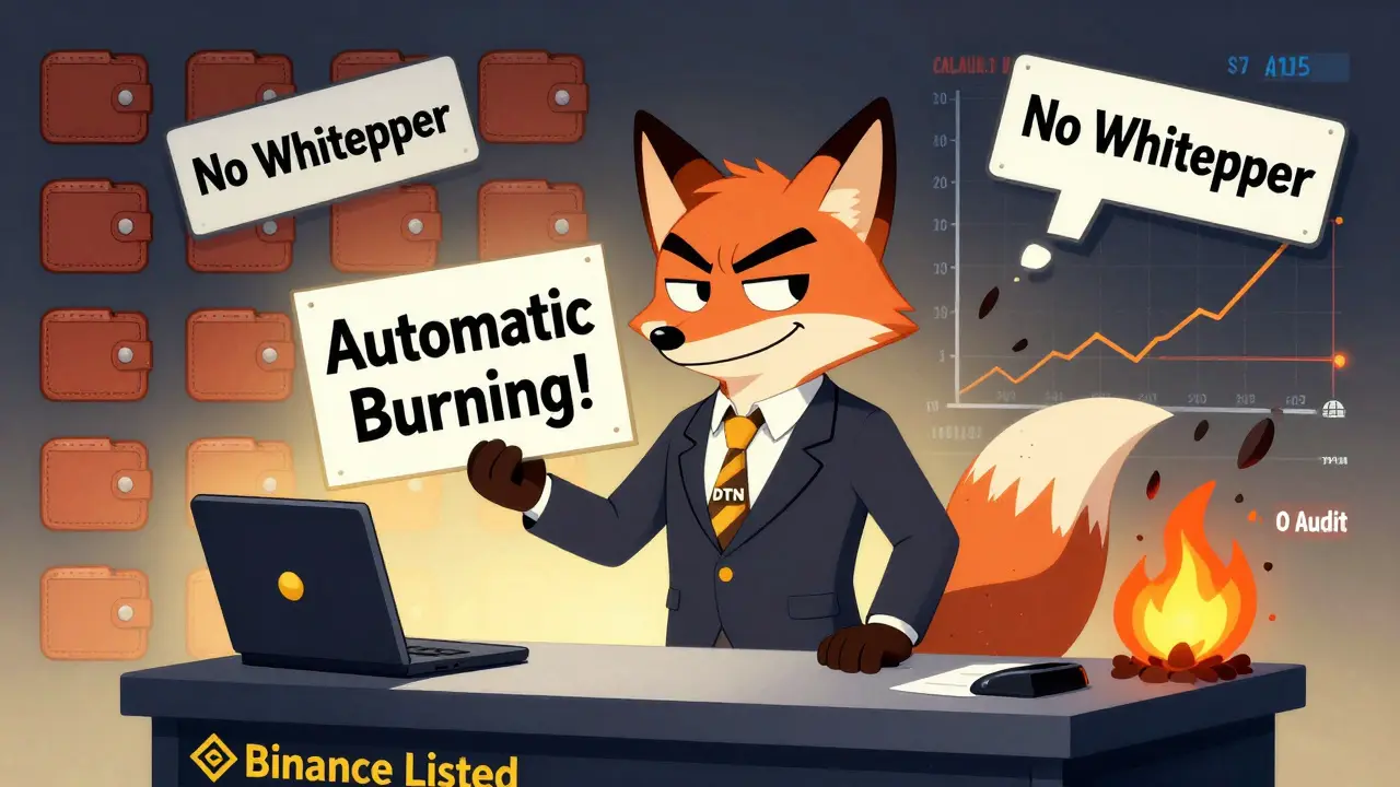 Un renard en costume trompeur présente un faux projet crypto avec des chiffres impossibles.