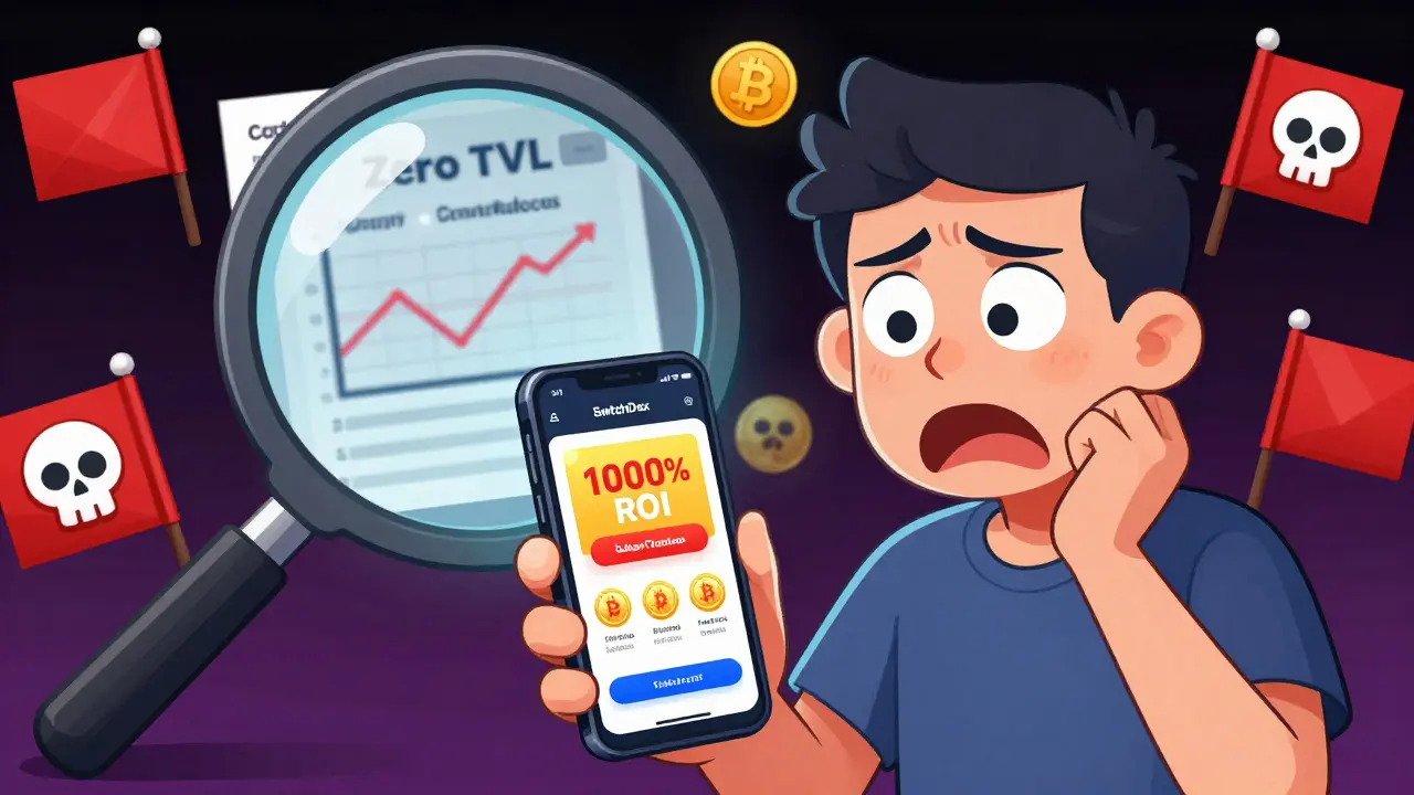 Un trader confus regarde un site web frauduleux SwitchDex, tandis que des signaux d&#039;alerte révèlent l&#039;absence totale de données vérifiables.