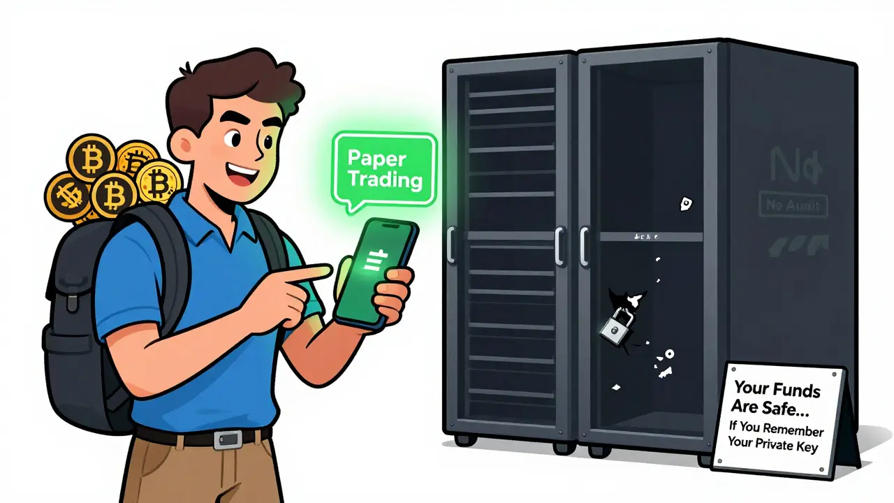 Un trader connecte son portefeuille à Swych tandis qu'un arrière-plan sombre rappelle l'absence d'audit de sécurité.