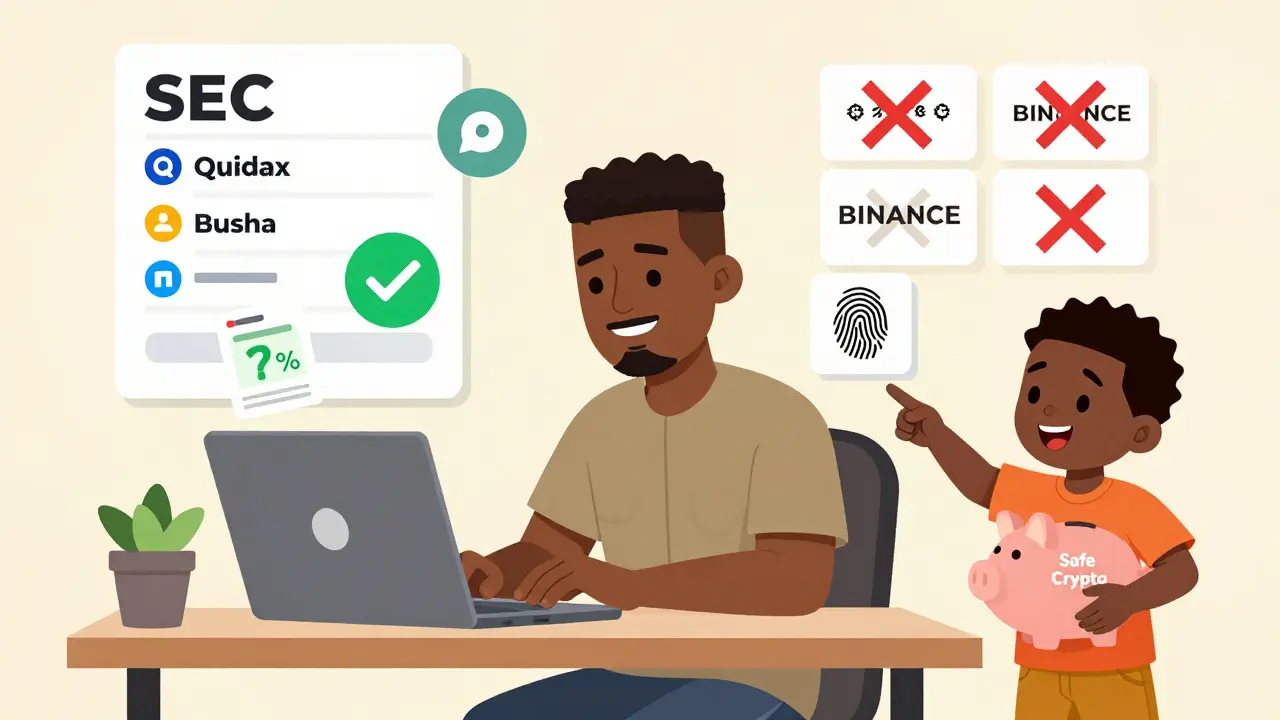 Un trader nigérian utilise Quidax en toute sécurité, entouré de symboles de conformité et de fiscalité.