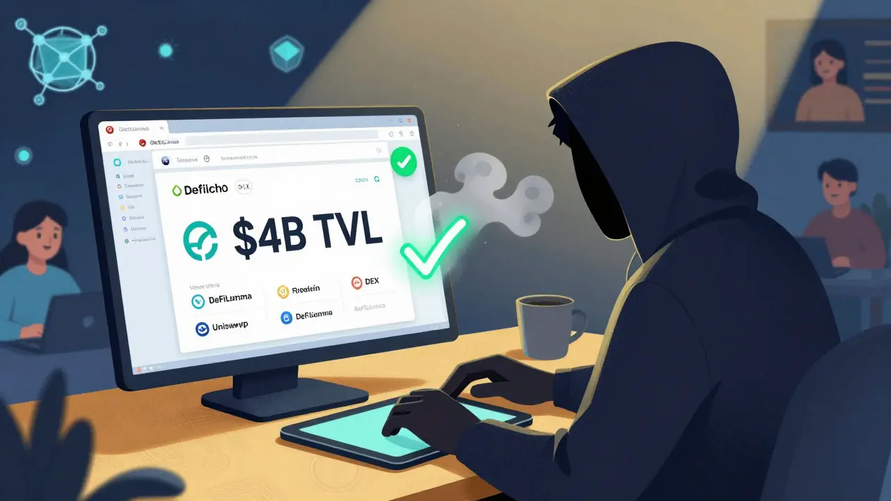 Un trader prudent vérifie Uniswap sur DeFiLlama, tandis qu&#039;un escroc fantomatique disparaît en touchant l&#039;écran.