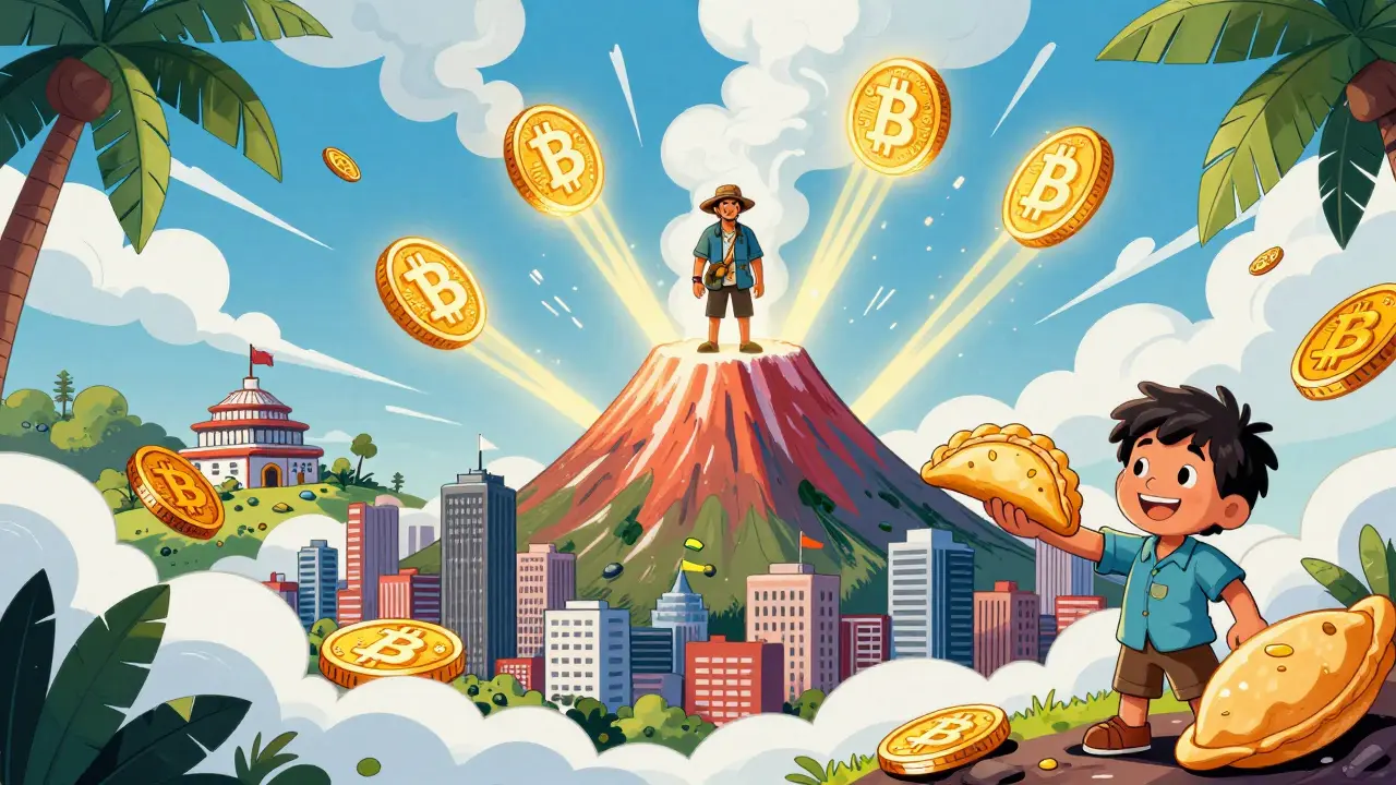 Un trader sur un volcan à Bitcoin City reçoit un empanada en forme de Bitcoin, entouré d'énergie géothermique.
