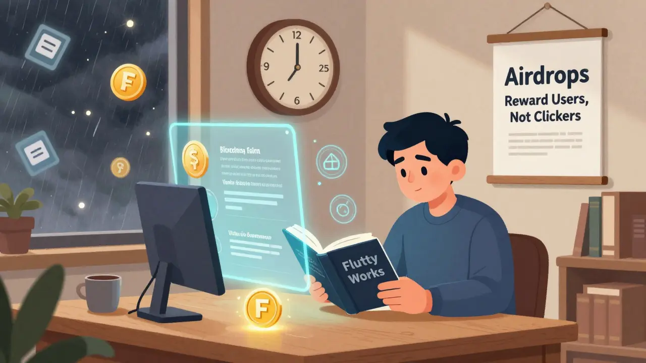 Un utilisateur apprend le protocole Fluity dans une bibliothèque DeFi, entouré de hologrammes de gouvernance et de stablecoins.