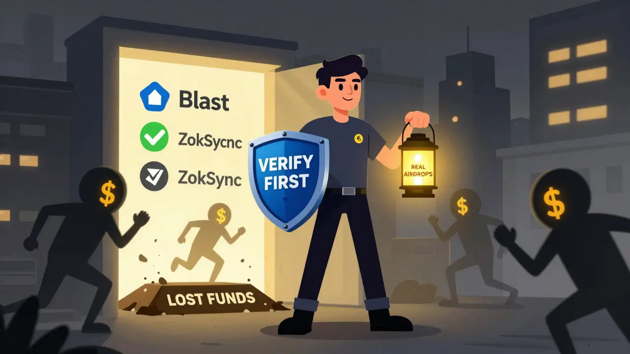 Un utilisateur crypto héroïque protège ses actifs avec un bouclier 'VERIFY FIRST', tandis que des escrocs fuient dans un trou.