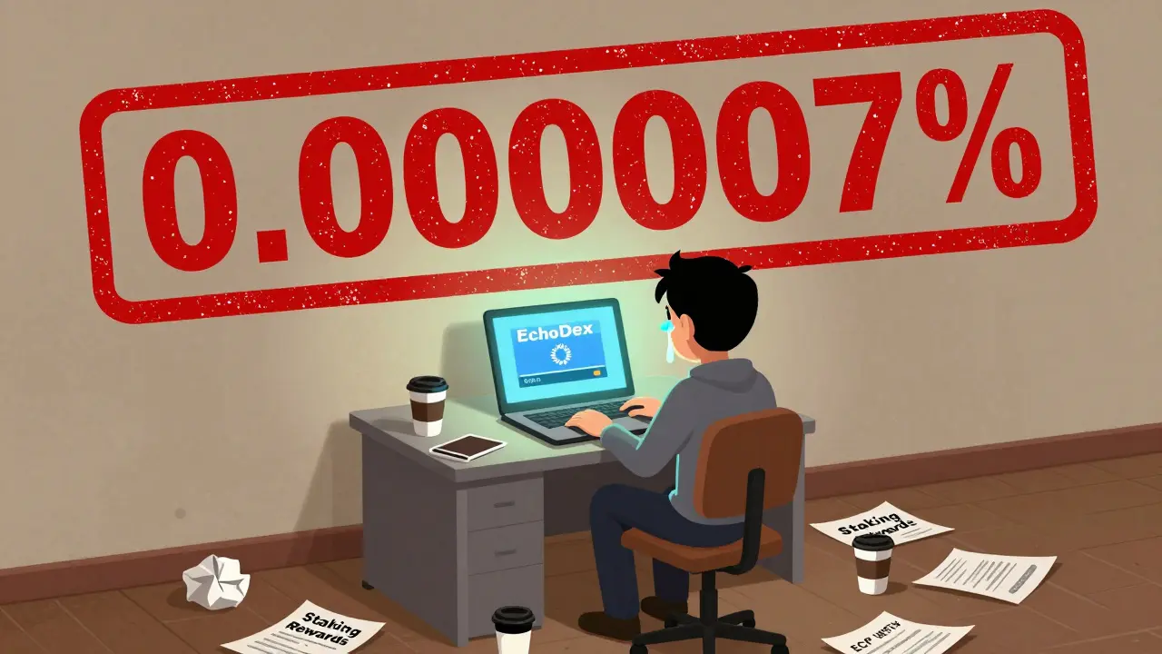 Un utilisateur désespéré face à un écran EchoDex affichant une transaction échouée et un solde à zéro.