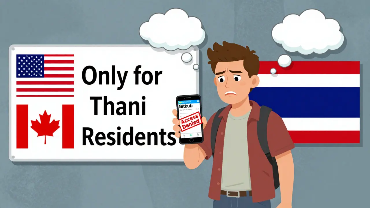 Un voyageur étranger voit un message d'erreur 'Accès refusé' sur l'application Bitkub, bloqué par une barrière nationale.