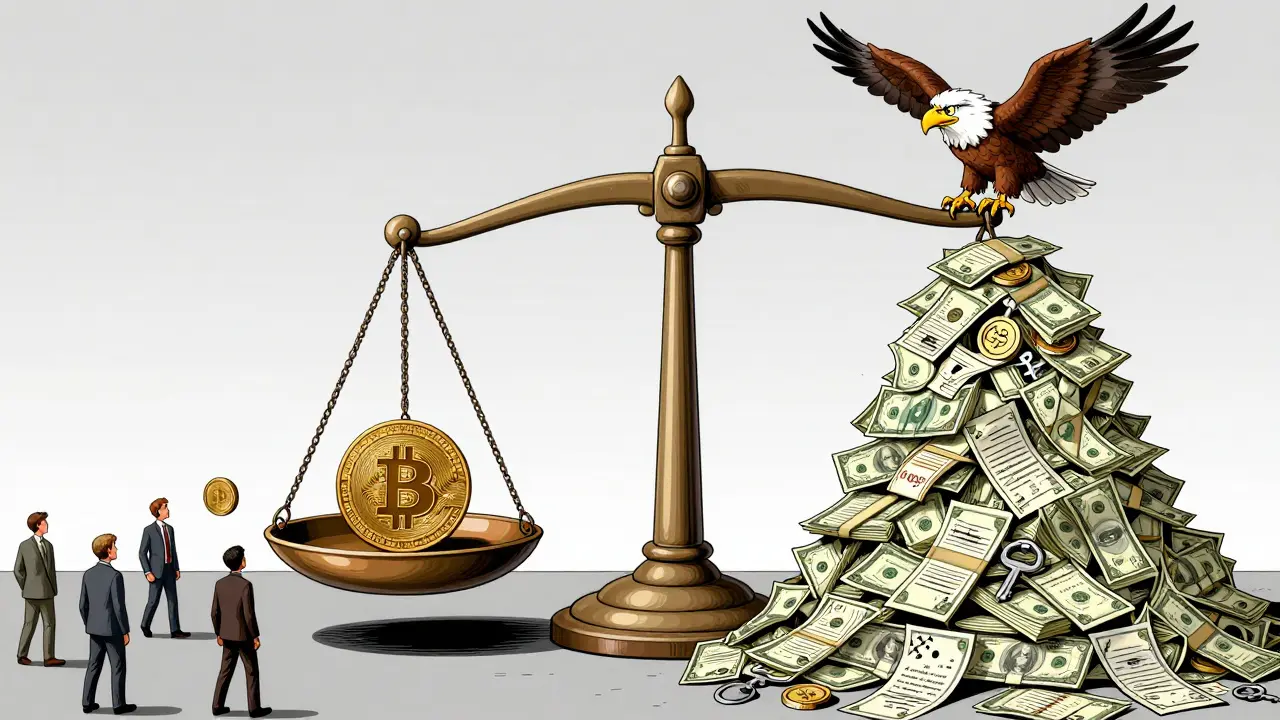 Une balance de la justice avec un Bitcoin d&#039;un côté et des amendes, clés de prison et argent de l&#039;autre, sous l&#039;œil d&#039;un aigle IRS.