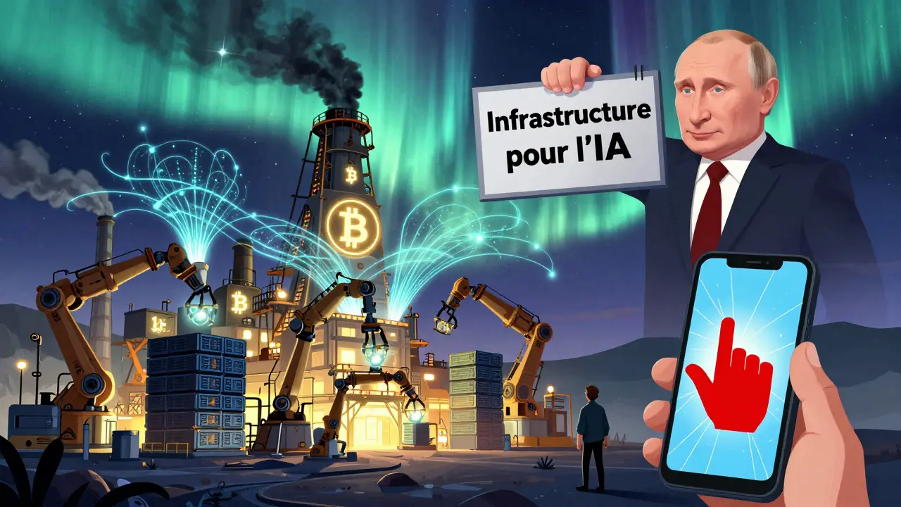 Une centrale de mining en Sibérie produit de l'énergie numérique sous les aurores, tandis qu'un citoyen essaie en vain d'acheter du Bitcoin.