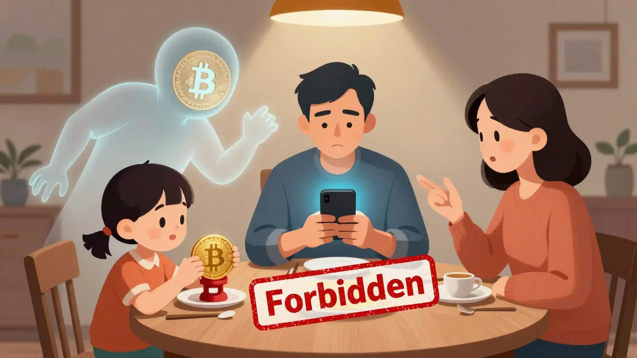 Une famille chinoise au dîner, un père cache son portefeuille crypto tandis qu'une ombre de Bitcoin flotte derrière lui.
