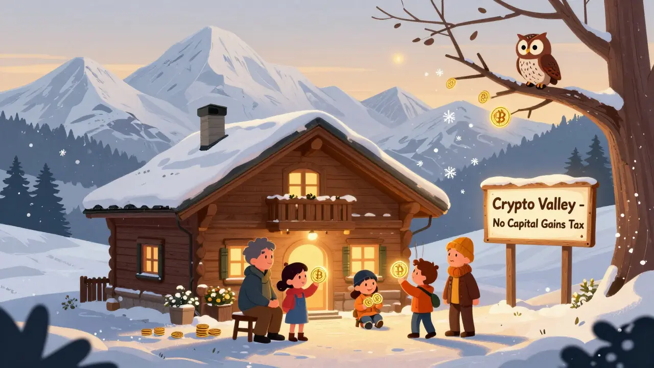 Une famille suisse garde des bitcoins comme jouets dans un chalet enneigé sous un ciel doré.