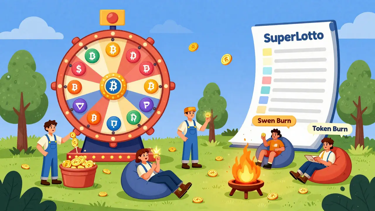 Une fête colorée où des jetons SWYCH sont récoltés, brûlés et misés sur une roue géante gagnant du BTC et de l'ETH.