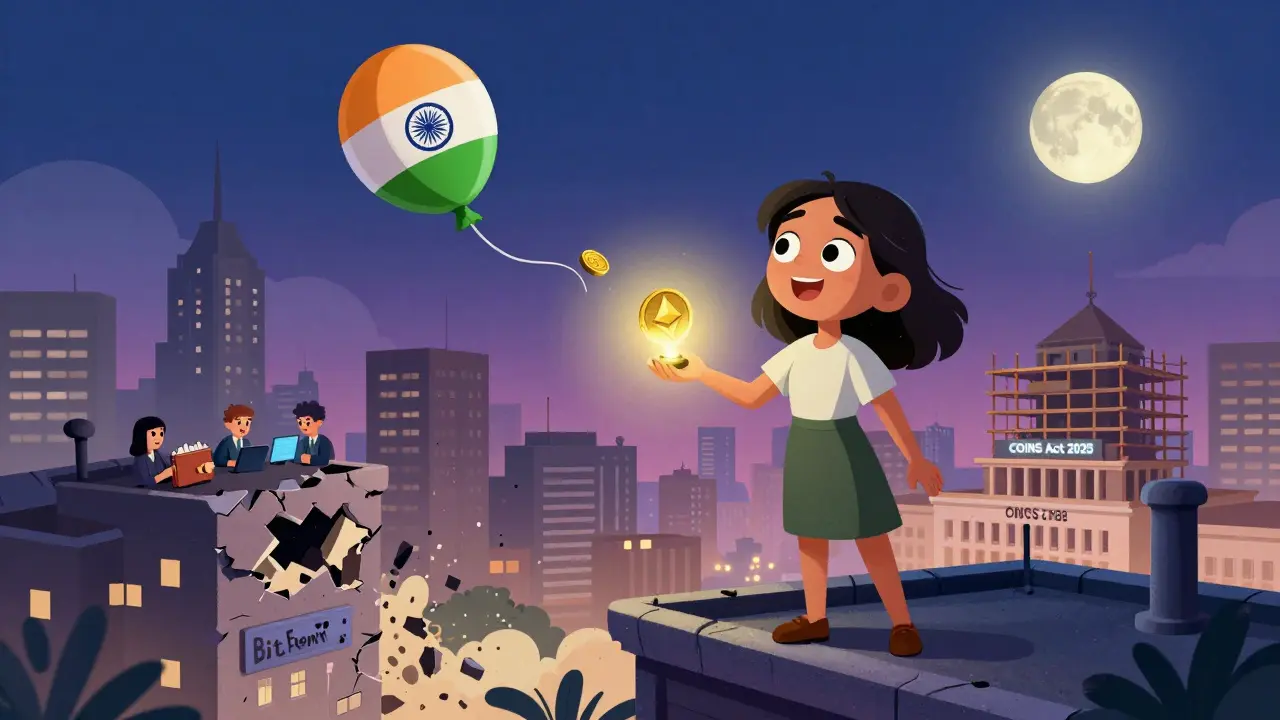 Une jeune femme sur un toit à Mumbai tenant un jeton Ethereum lumineux, tandis qu&#039;un échec crypto s&#039;effondre derrière elle.