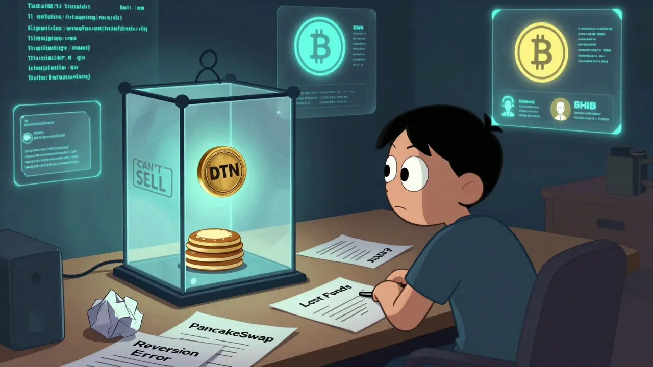 Une personne désespérée regarde un jeton DTN bloqué dans une cage, tandis que d&#039;autres cryptos brillent au loin.