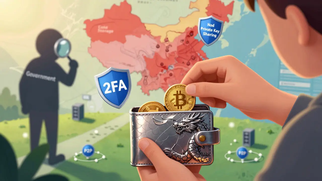 Une personne sécurise ses cryptos dans un portefeuille personnel, entourée de mesures de sécurité.