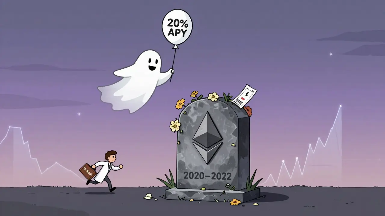 Une pierre tombale en forme d&#039;ETH marque la fin d&#039;ESD, avec un fantôme qui s&#039;éloigne en tenant un ballon &#039;20% APY&#039;.