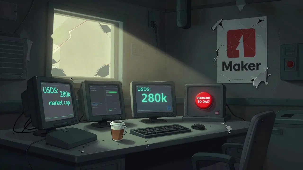 Une salle de contrôle abandonnée du protocole Sky avec des écrans affichant le faible capital de USDS.