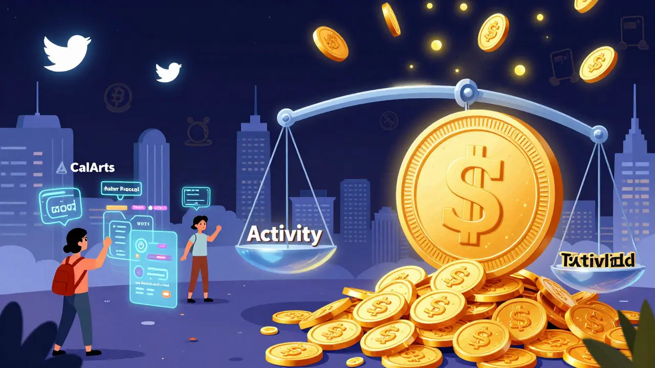 Ville flottante en forme de token SCA avec une balance montrant l'activité versus les tokens détenus.