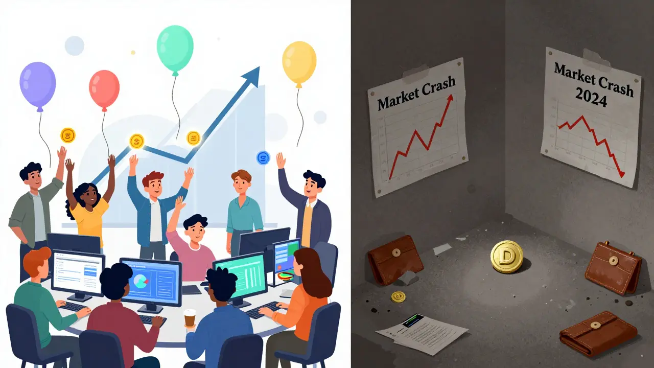 Contraste entre une communauté joyeuse utilisant le financement quadratique et un jeton DORA abandonné dans un coin sombre.
