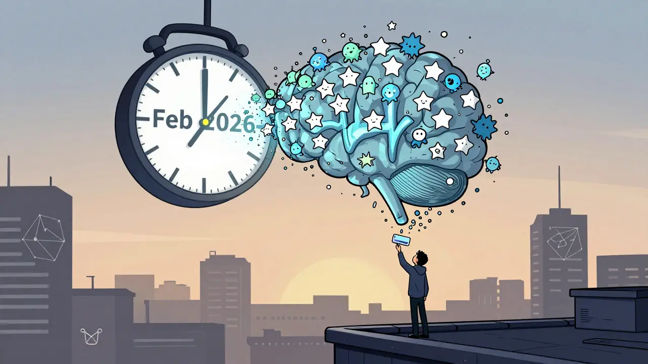 Des centaines de NFT Ocean Star émergent d'un portail en forme d'onde cérébrale au lever du soleil, une personne les regarde depuis un toit.