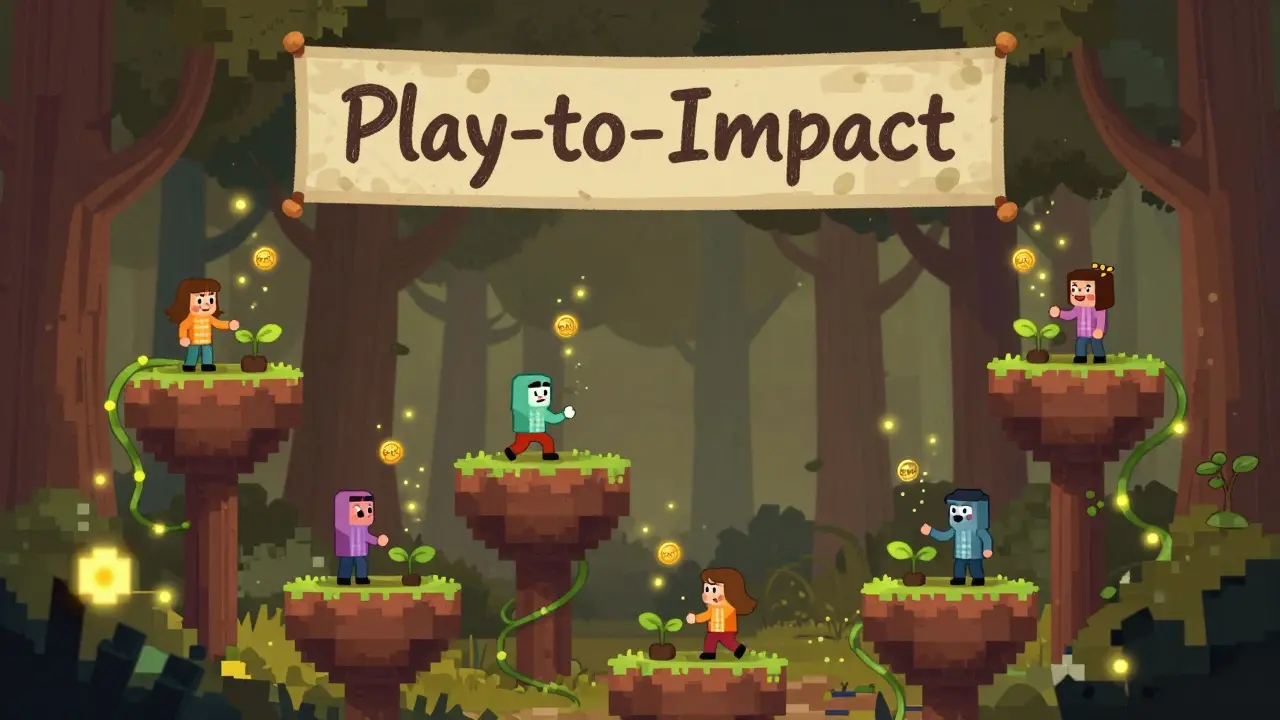 Des personnages jouant à un jeu NFT dans une forêt pixelisée, où des jetons BRKL flottent comme des lucioles.