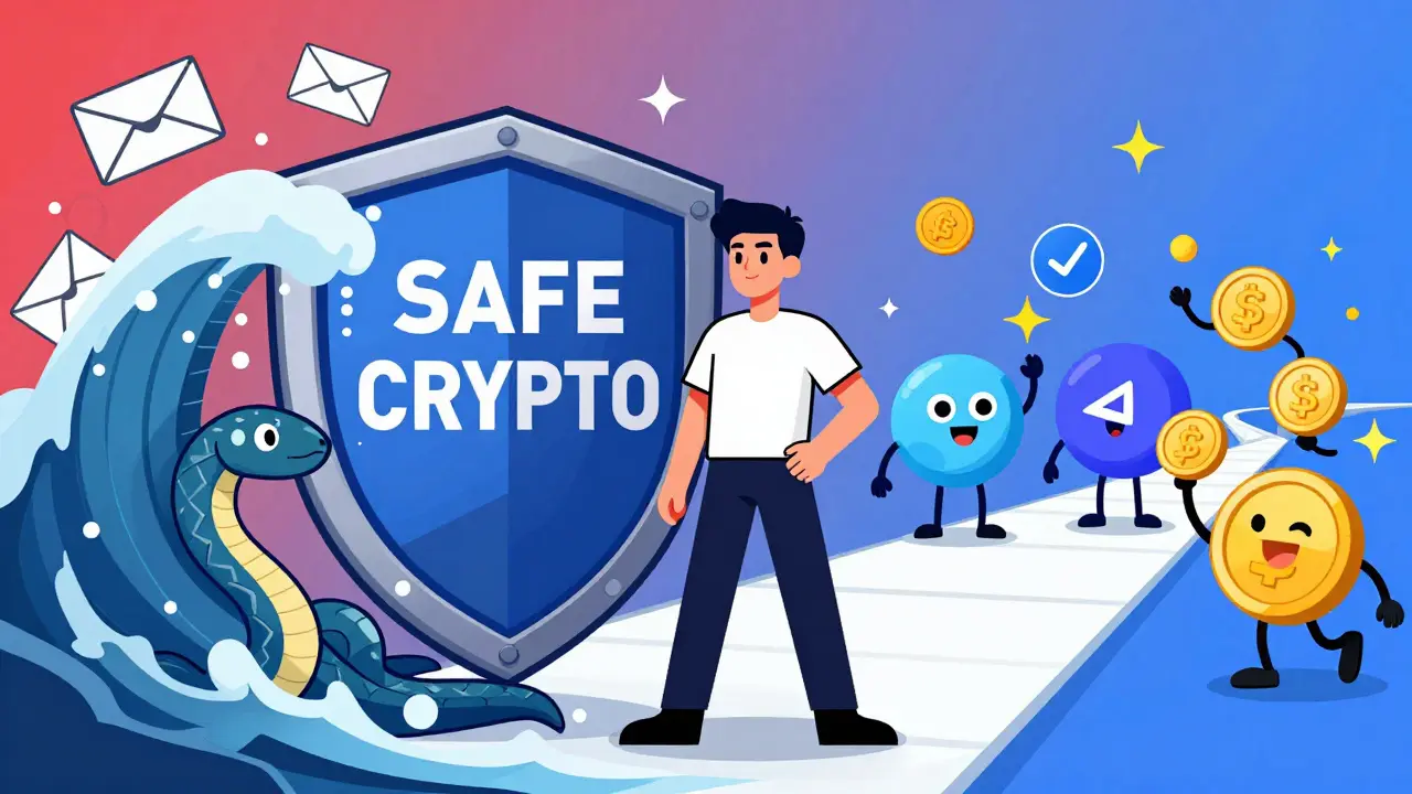 Héros crypto protégeant des arnaques avec un bouclier, chemin vers de vrais airdrops comme Jupiter et Optimism.