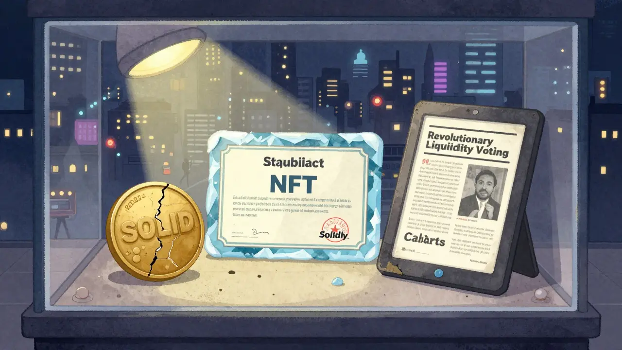 Musée exposant des artefacts de Solidly : jeton, NFT et article daté de 2022.