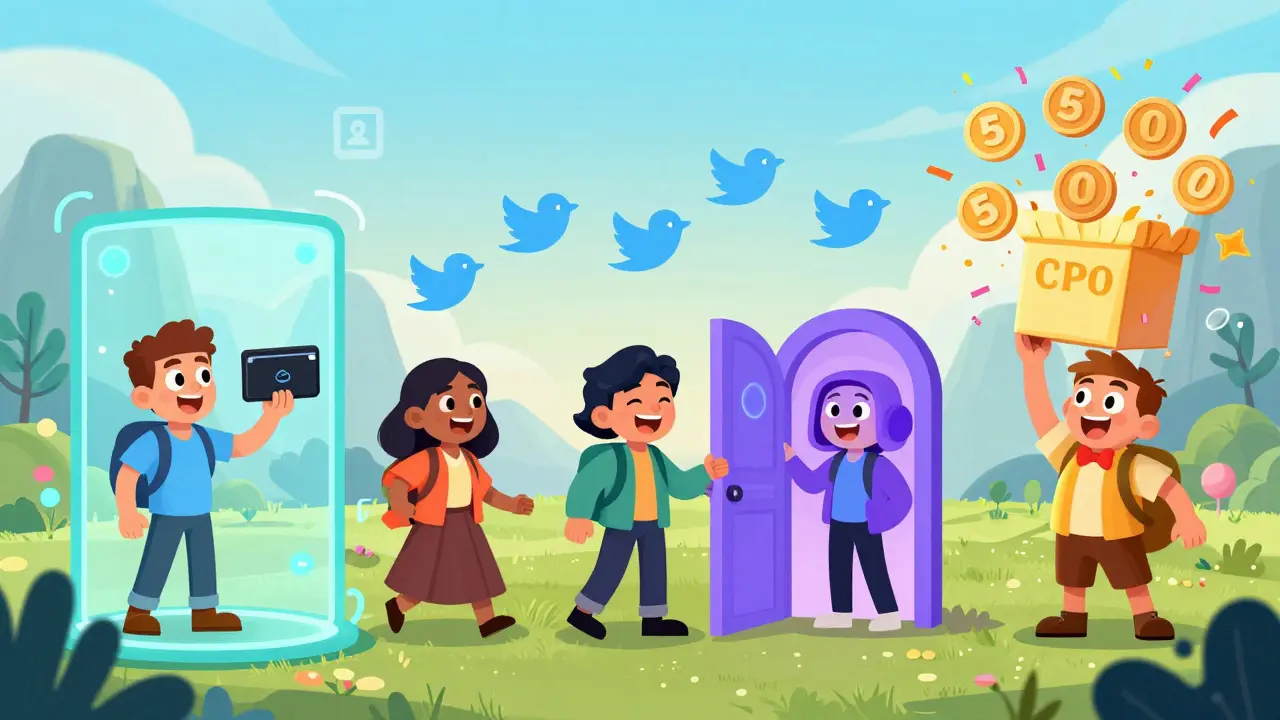 Personnages en train de compléter des étapes pour l'airdrop CPO dans un monde numérique coloré et ludique.