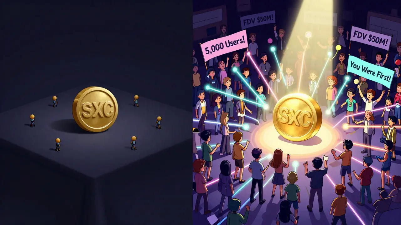Scène avant/après : un seul jeton SXC isolé devient un centre d'activité avec des milliers d'utilisateurs.