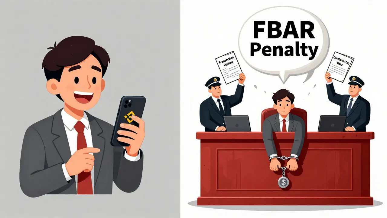 Scène divisée : d'un côté, quelqu'un qui trade en crypto ; de l'autre, la même personne en procès avec une énorme amende.