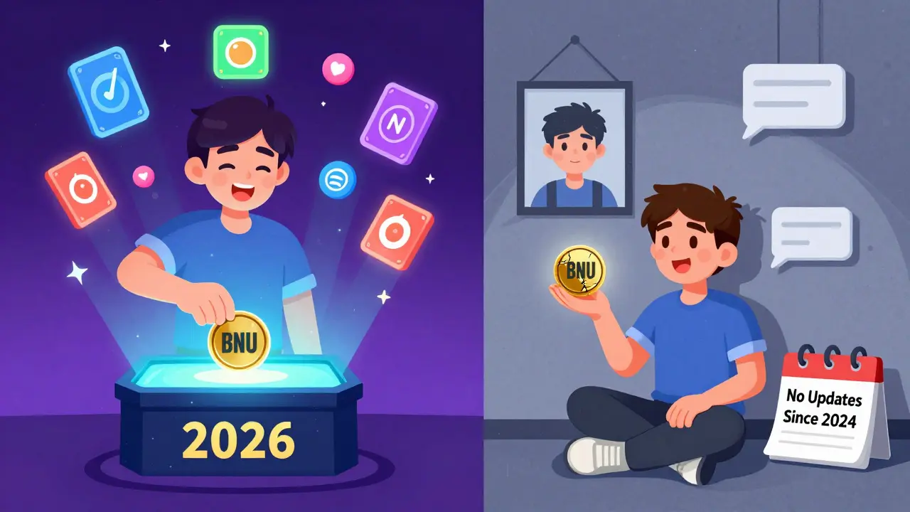 Scène divisée : un artiste en 2023 avec des tokens brillants, et le même en 2026 avec un token cassé.