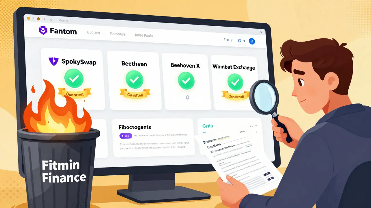 Tableau DeFi légitime sur Fantom avec SpookySwap et Beethoven X, un faux projet en poubelle.