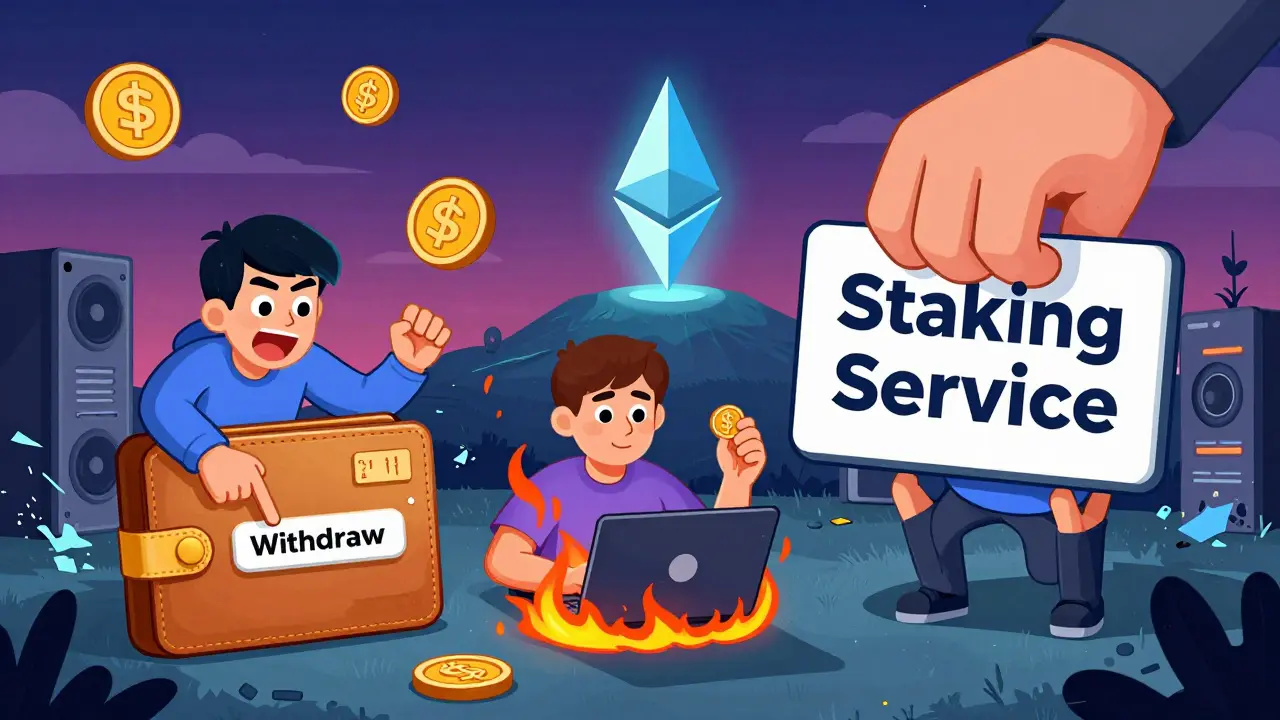 Trois utilisateurs confrontés aux risques du staking : blocage, panne technique et régulation.