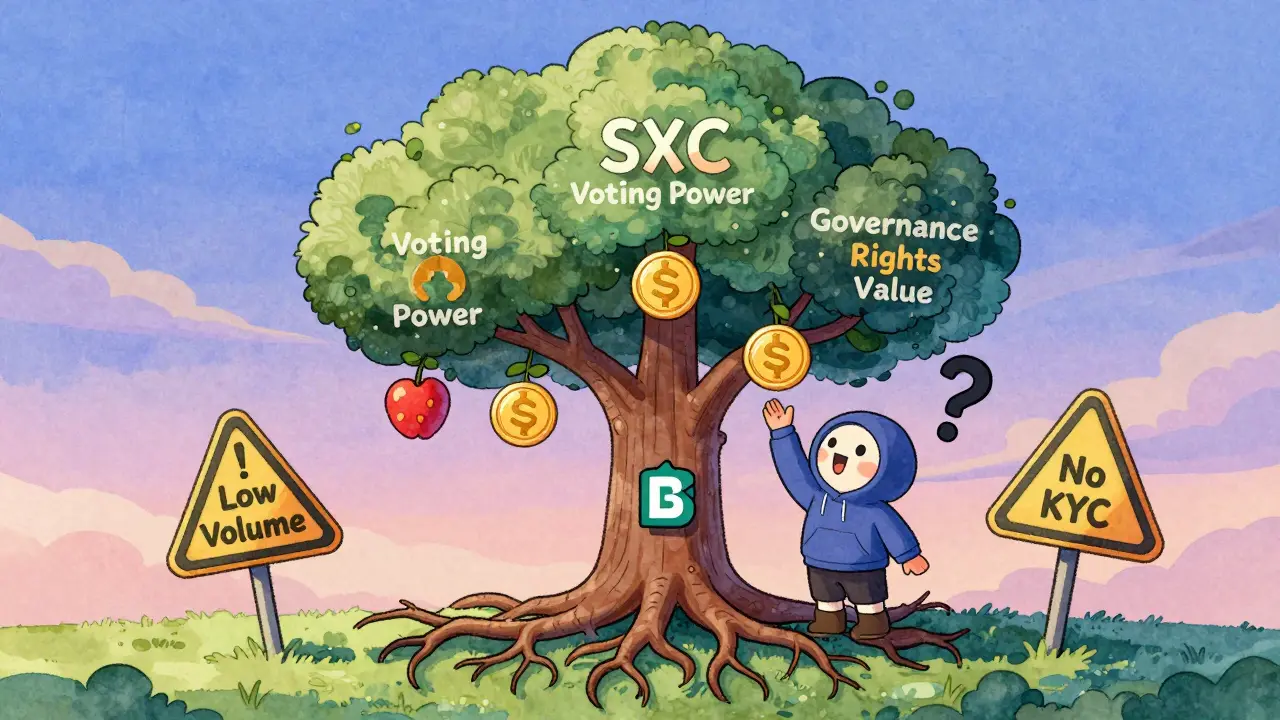 Un arbre de jetons SXC poussant d'un logo Bitget, avec des fruits de gouvernance et des signes d'avertissement.