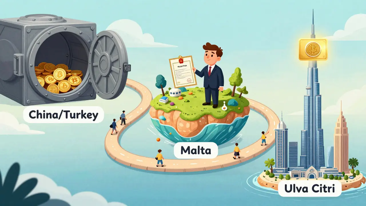 Un chemin illustré en bande dessinée reliant un pays interdit à Malte et Dubaï, avec des symboles de liberté et de légalité.