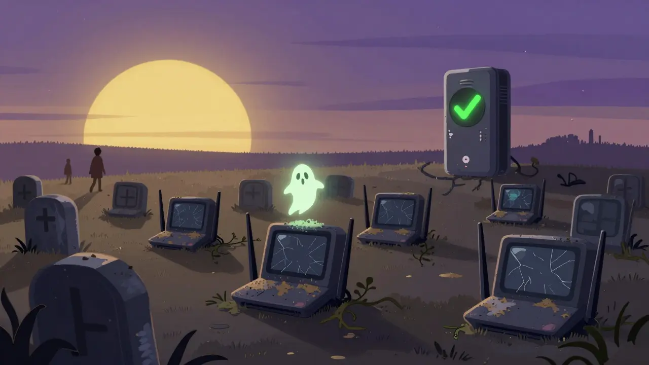 Un cimetière de routeurs Wicrypt morts sous un coucher de soleil, avec un NFT fantôme flottant au-dessus.