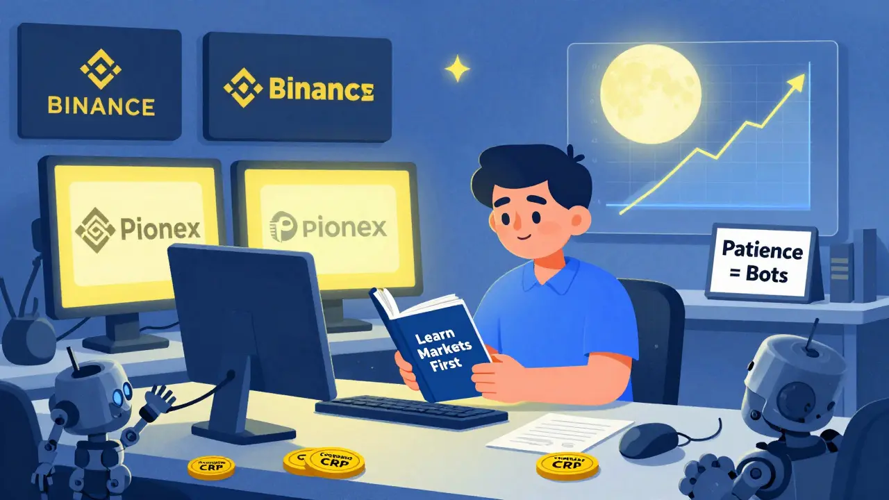 Un débutant apprenant à trader, entouré de fausses promesses, tandis que des plateformes fiables brillent doucement à l'arrière-plan.